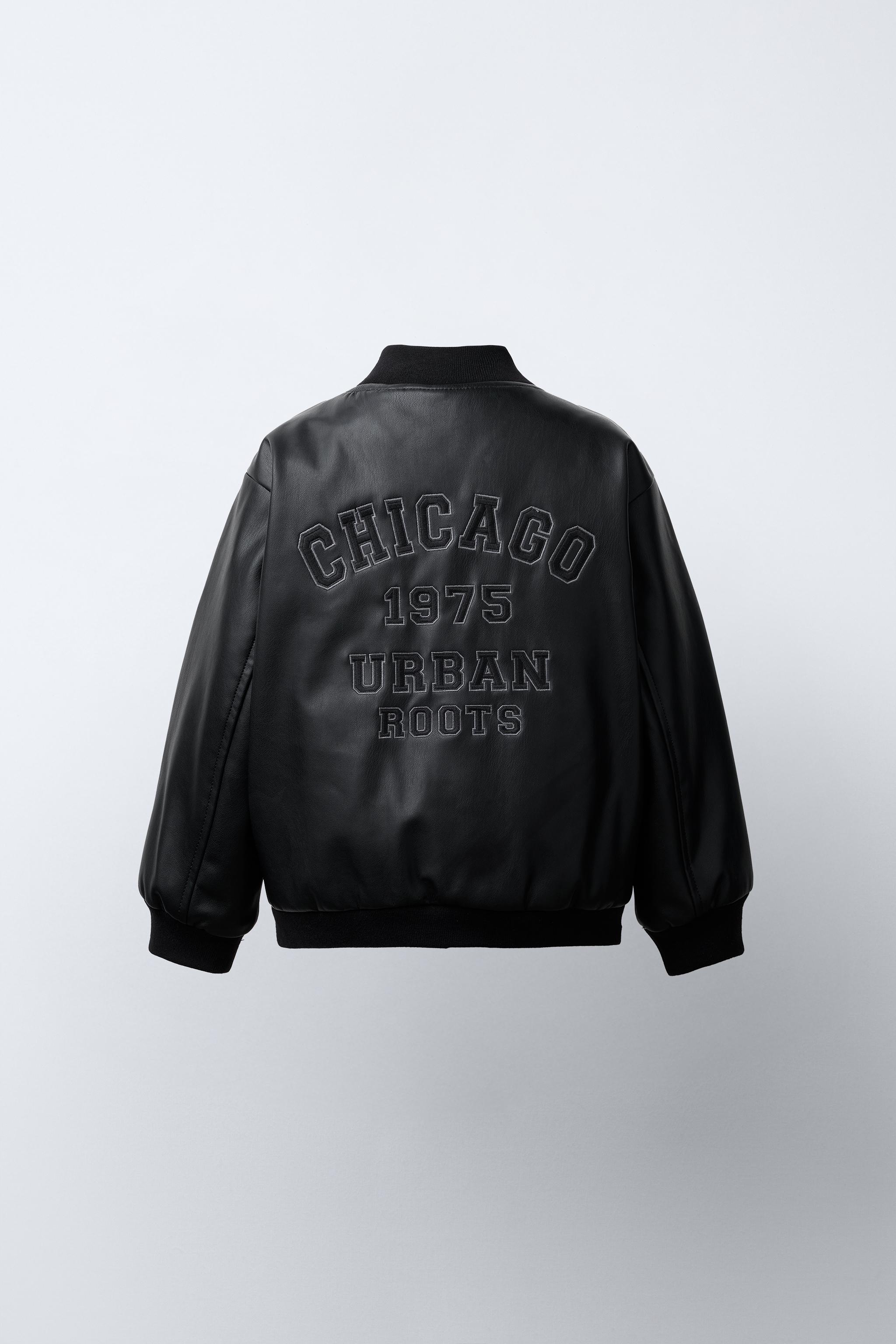 EMBROIDERED TEXT FAUX LEATHER BOMBER JACKET